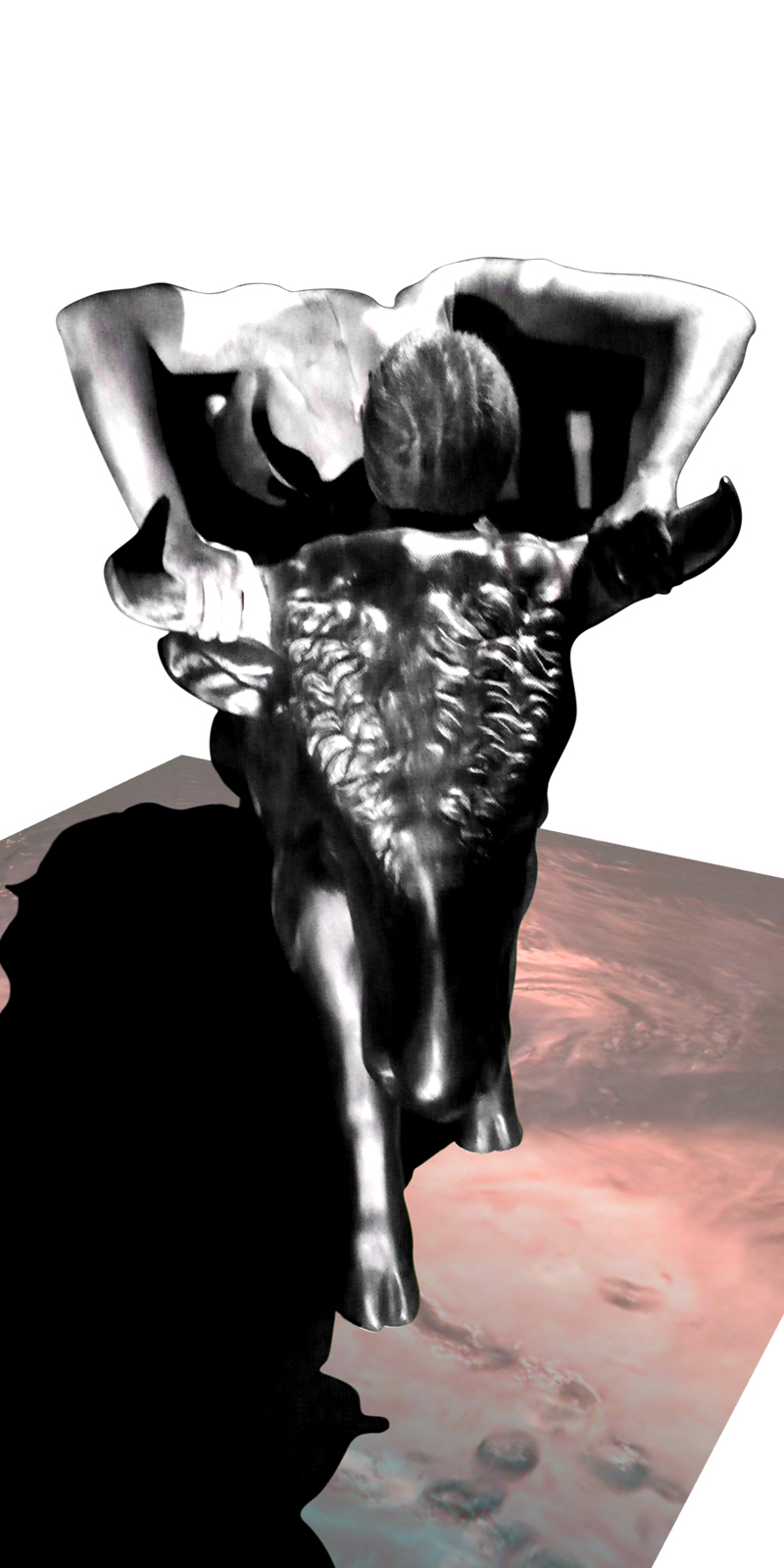 figura umana cavalca un toro di plastica sopra un tappeto liquido di bolle rosa.