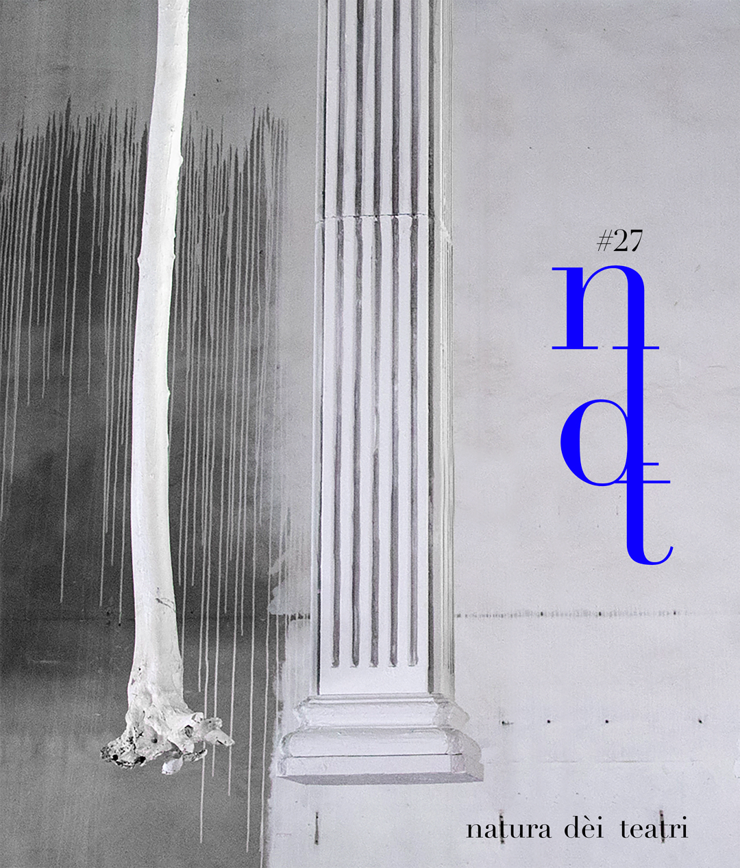 A thin white wooden trunk hangs next to a majestic Greek-style marble column. Icon of the twenty-seventh edition of the Natura Dèi Teatri Festival